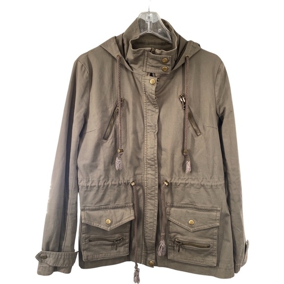 Kenna-T Olive Green Utility Jacket Cinched Waist Bronze Metal Detail Size Medium - Picture 3 of 11